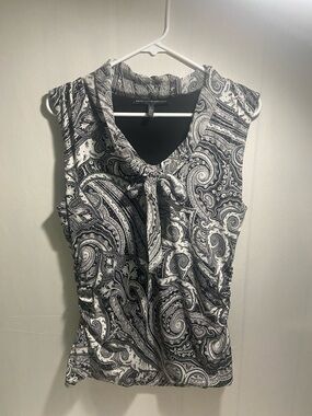 White House Black Market Black & White Paisley Tie-Neck  Top